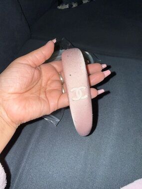 CHANEL Light Pink Velvet Logo Headband with Stud Detail